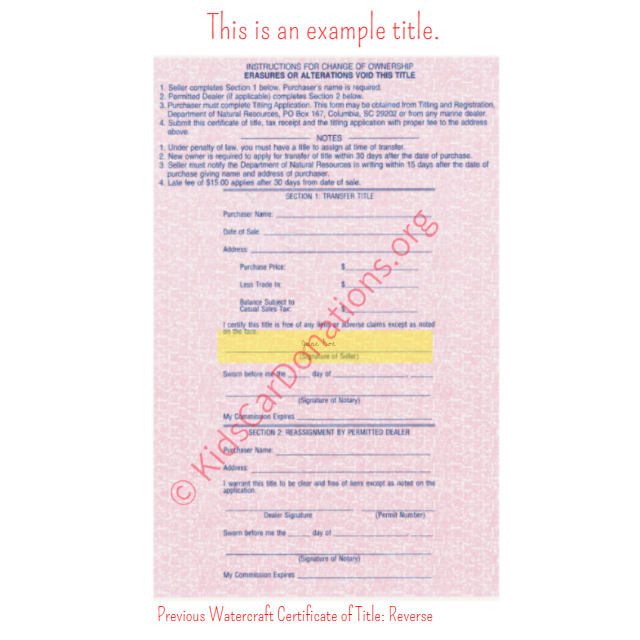 This is an Example of South Carolina Previous Watercraft Certificate of Title Reverse View | Kids Car Donations